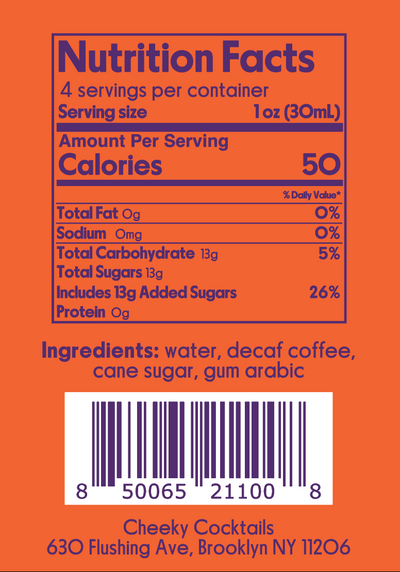 Nutrition label on bottle of decaf espresso syrup by Cheeky Cocktails